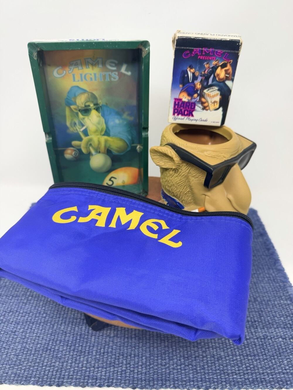 Vintage Joe Camel Cigarettes Ashtray Pool Cue Bag Playing Cards Coozie Tobacco